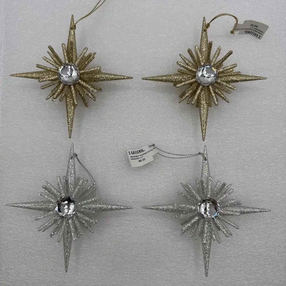 Set Of 4 Z Gallerie Diamond Eye Star Glitter 4.7” Ornaments 2 Silver 2 Gold 3D